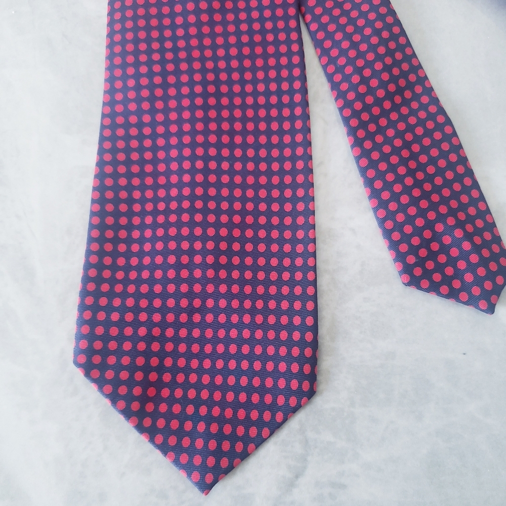 HARVIE & HUDSON Navy Red Polka Dot Silk Tie 53"